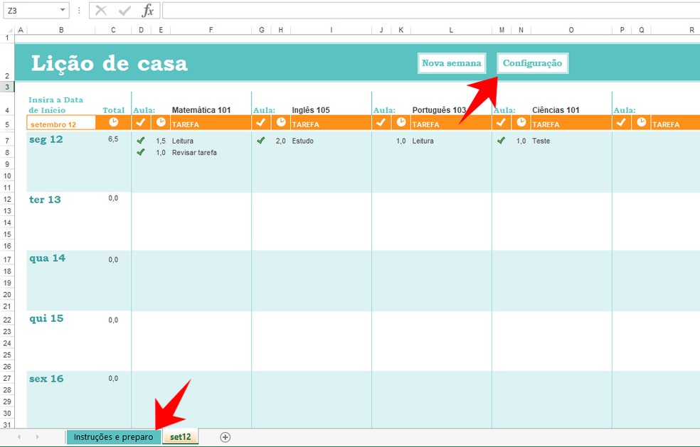 como fazer rotina de estudos no excel