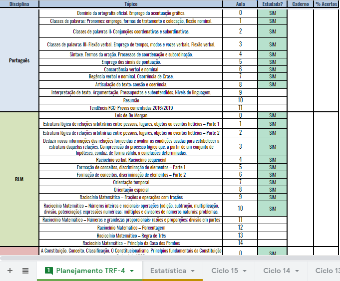 como fazer um ciclo de estudos no excel