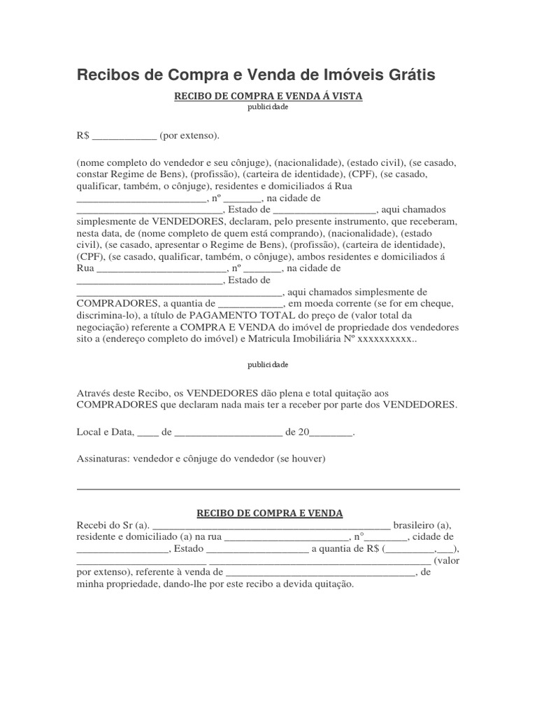 modelo recibo compra venda imovel completo