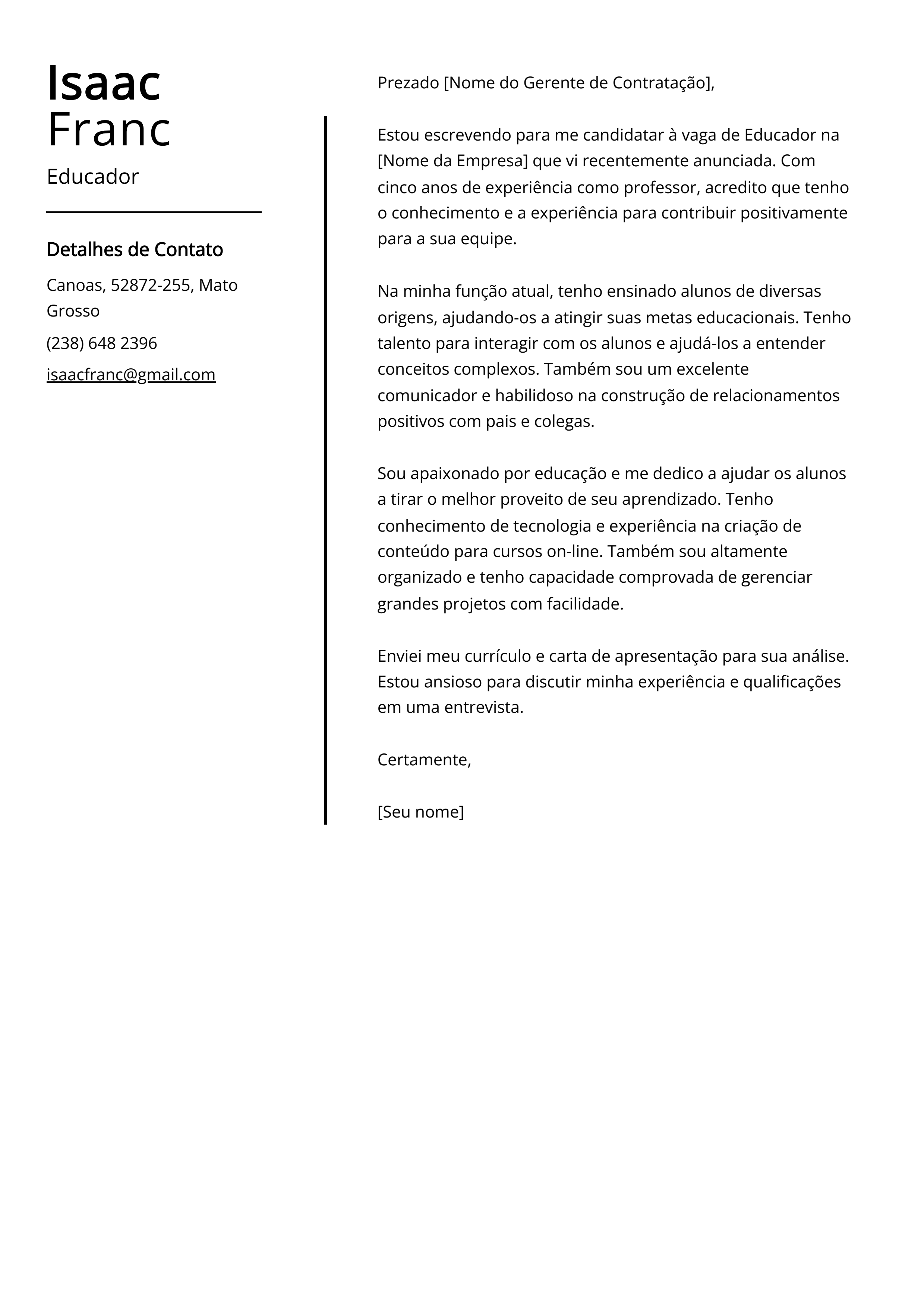 modelo carta de apresentação professor para escola