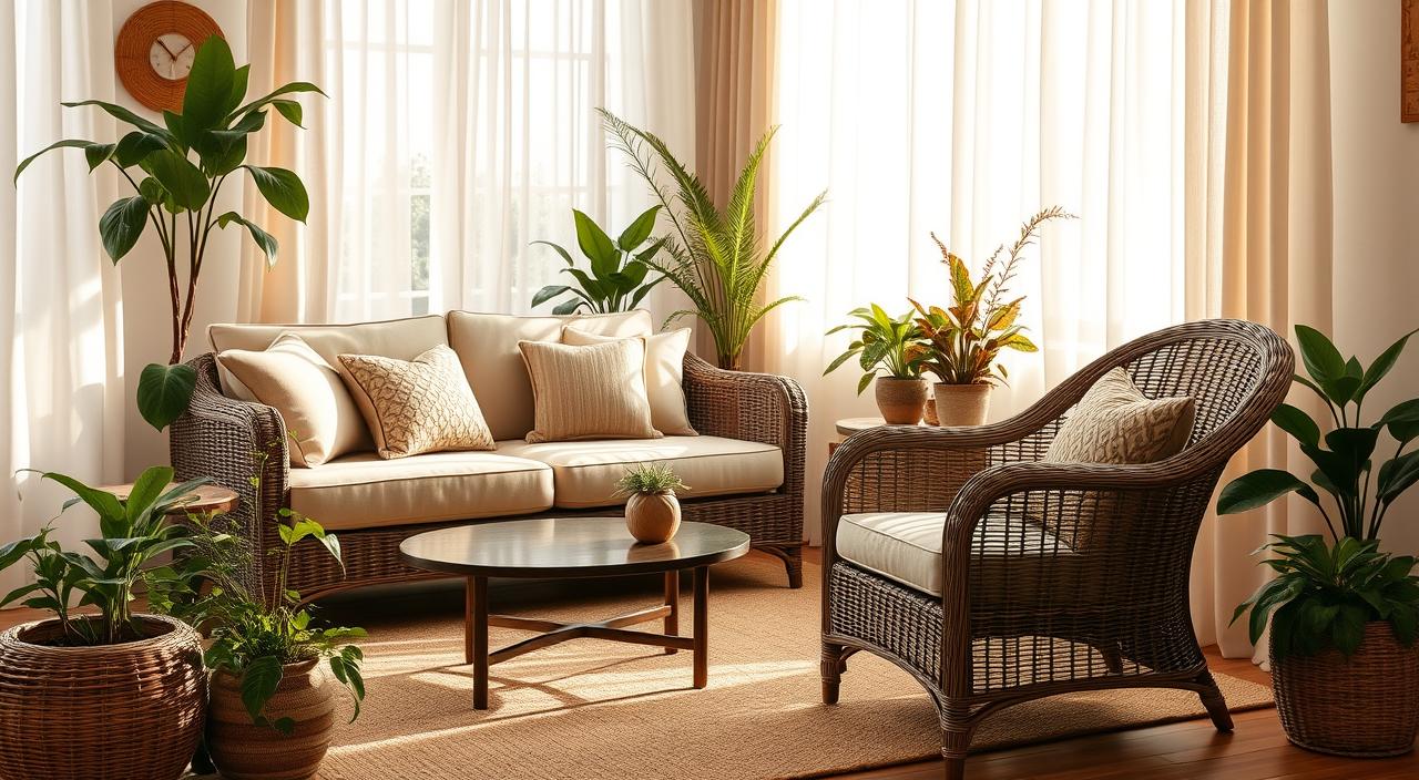 ideias de decoração com móveis de vime para sala