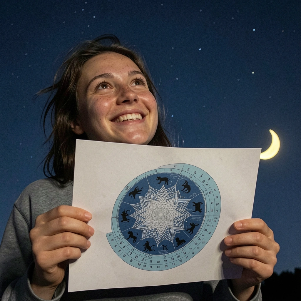 Pessoa em pé ao ar livre segurando um mapa astral impresso, com o céu noturno estrelado ao fundo.