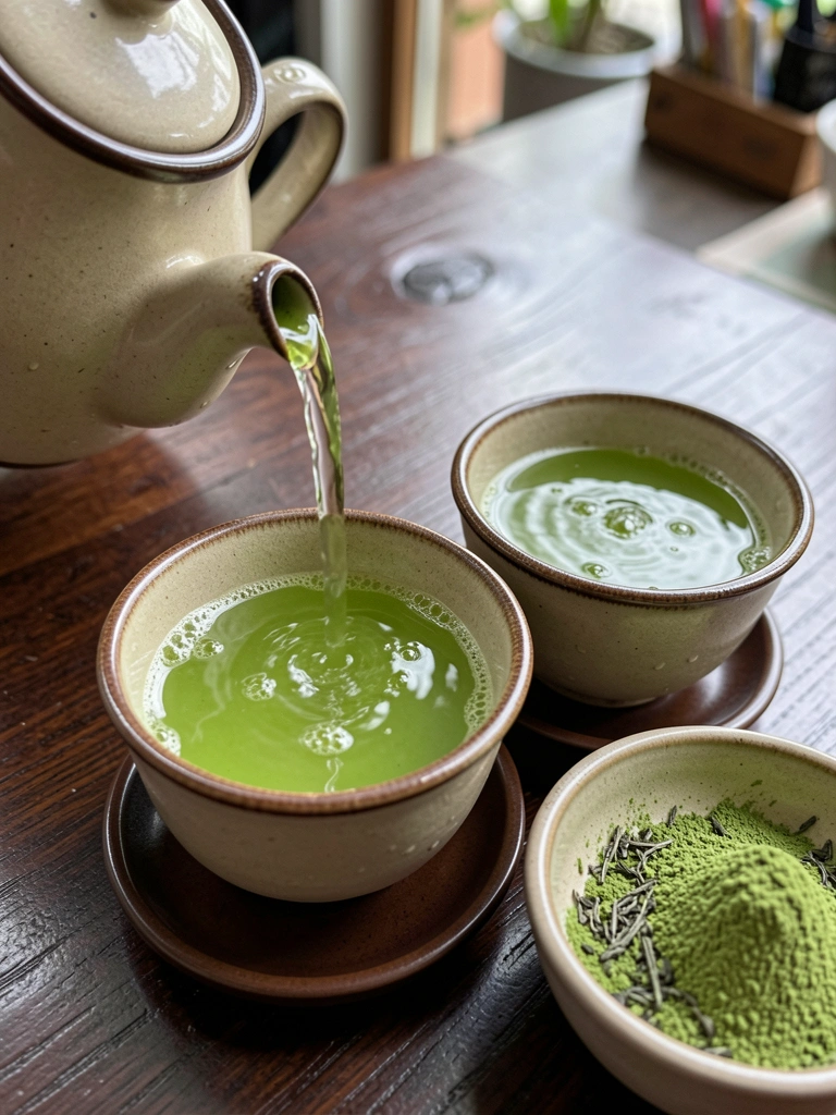 Xícara de chá verde ao lado de tigela com matcha em pó e folhas secas sobre superfície clara