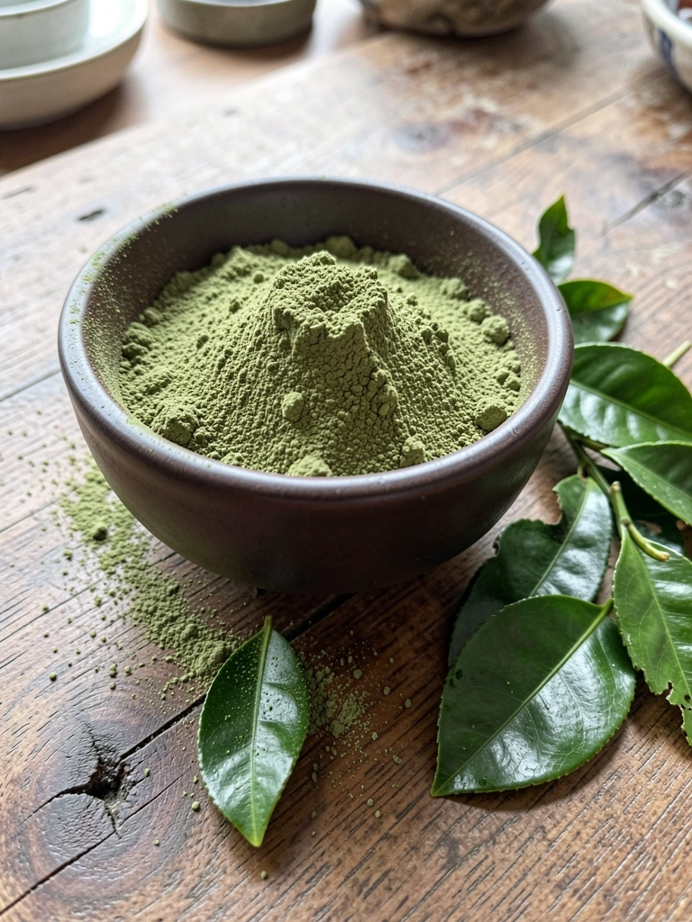 Ramo de Camellia sinensis com folhas verdes ao lado de um pote de matcha em pó
