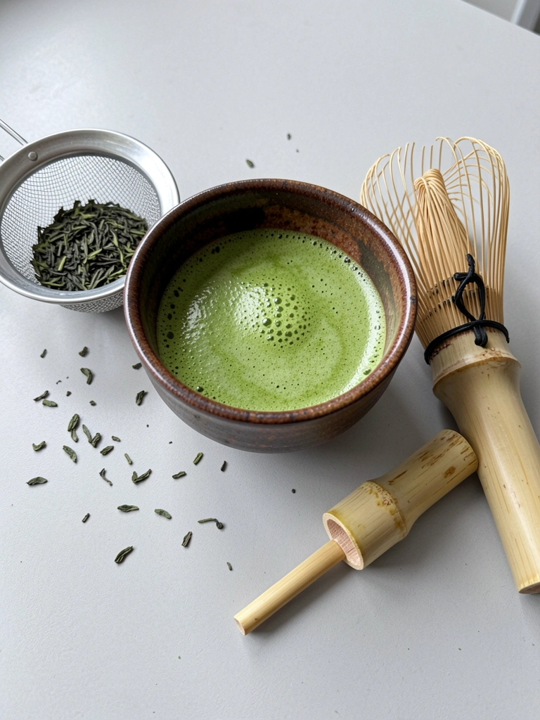 Coador de metal com folhas de chá verde sobre tigela de cerâmica com matcha batido