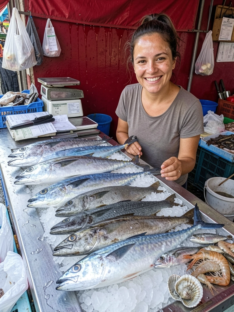 Peixes frescos inteiros sobre gelo em balcão de peixaria, com etiquetas de preço e luz fria.