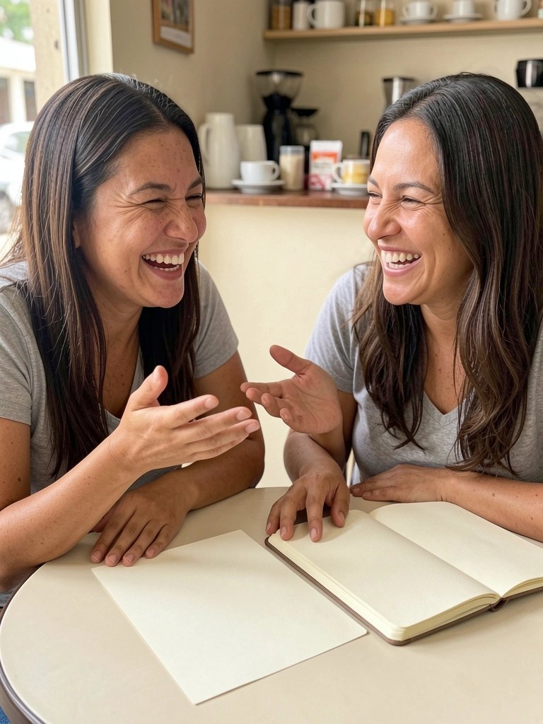 Duas pessoas sentadas à mesa de um café, conversando e sorrindo sob luz natural quente