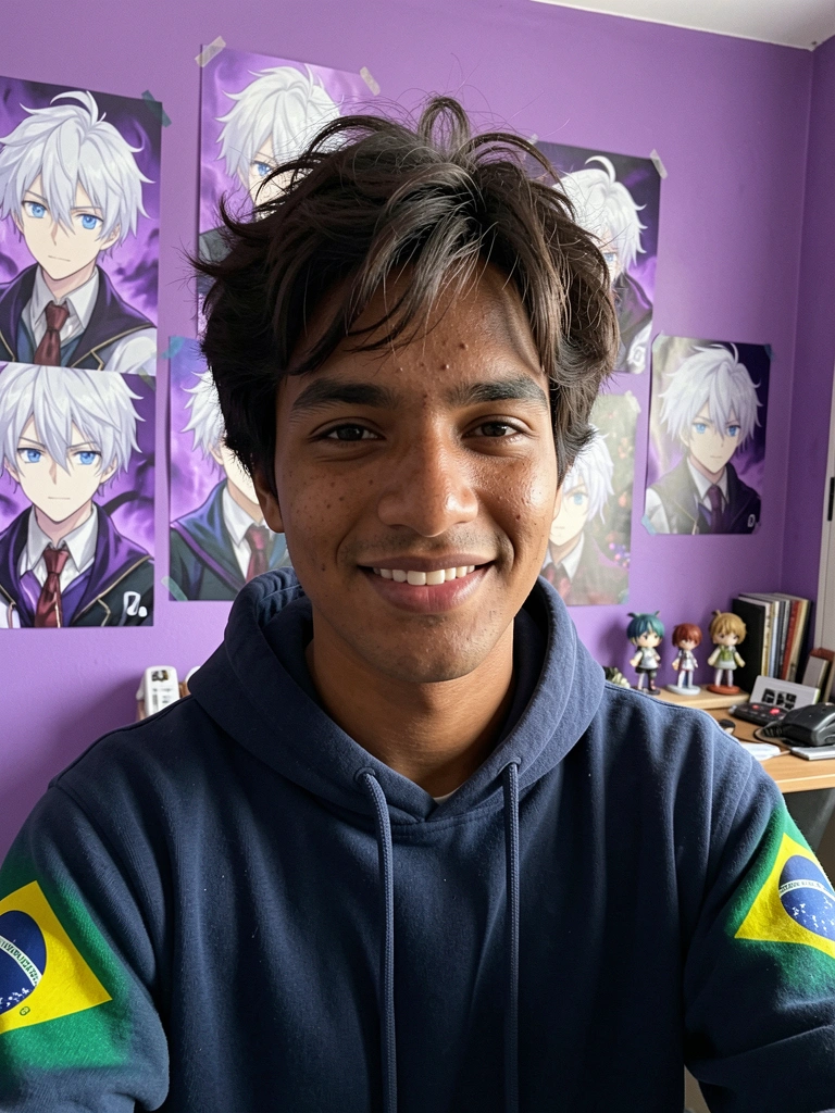 Ilustração de um personagem de anime em estilo de desenho, com cabelo escuro e olhos grandes, sobre fundo claro.