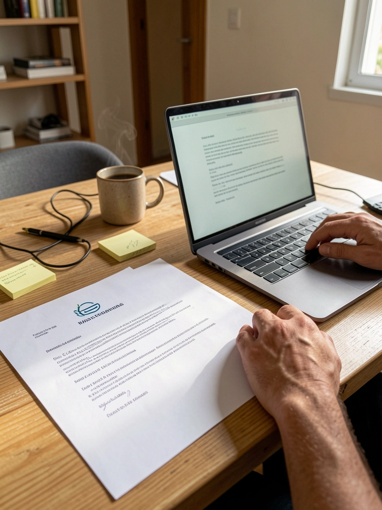 Currículo impresso e carta de apresentação lado a lado sobre mesa de madeira, com recrutador lendo documento em tela de computador ao fundo.
