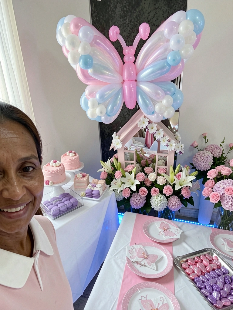 Parede de quarto infantil com borboletas coloridas aplicadas e prateleira com bichos de pelúcia ao lado de sala com sofá neutro