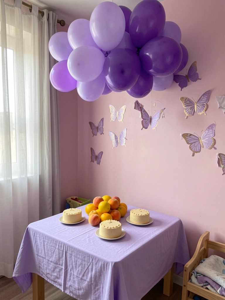 Quarto infantil com móbile pendurado sobre o berço e adesivos de borboleta nas paredes