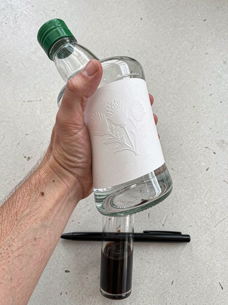 Garrafas de gin vazias cortadas ao meio formam vasos com plantas sobre prateleira de madeira.