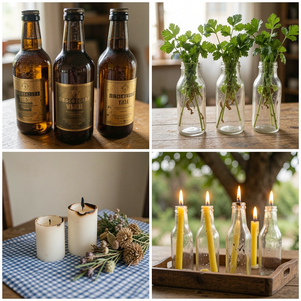 Prateleira de madeira com garrafas de gin vazias usadas como vasos, com plantas pequenas e luz natural lateral.