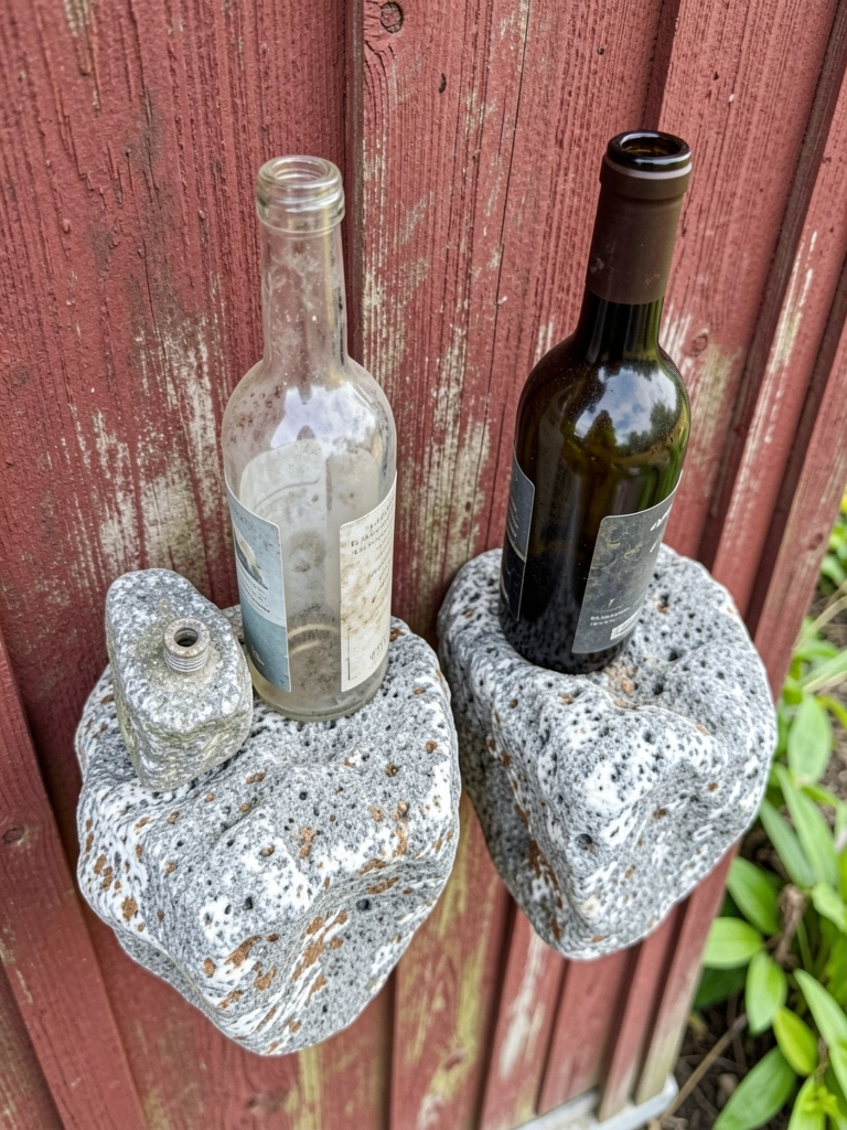 Prateleira de madeira com garrafas de gin vazias usadas como vasos e castiçais.