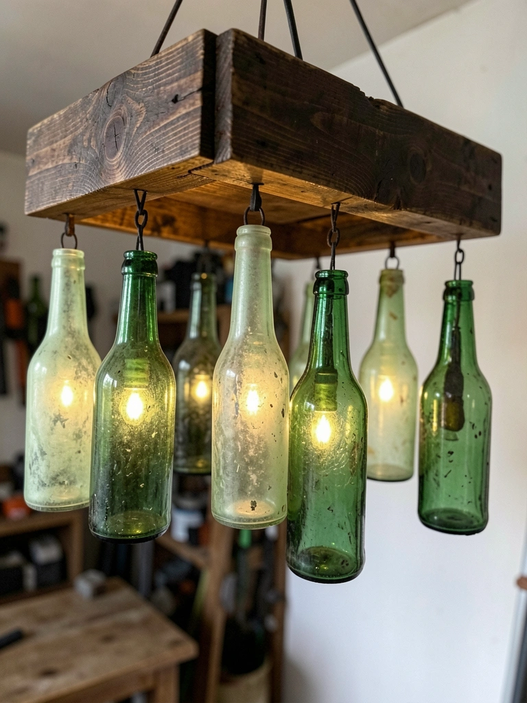 Prateleira de madeira com garrafas de gin vazias usadas como vasos e castiçais.