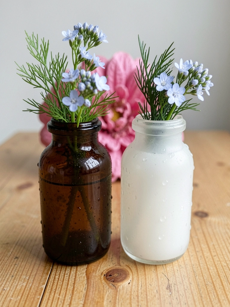 Garrafas de gin vazias cortadas ao meio formam vasos com plantas pequenas sobre mesa de madeira.