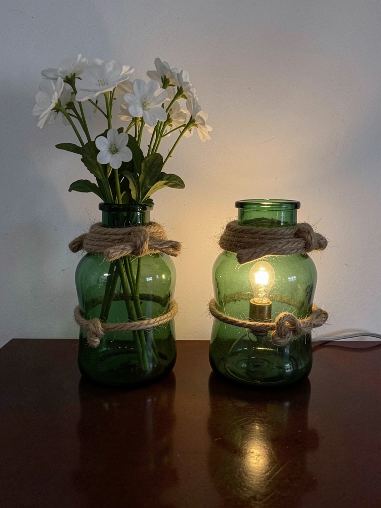 Garrafas de vidro coloridas penduradas como luminárias e usadas como vasos sobre mesa de madeira.