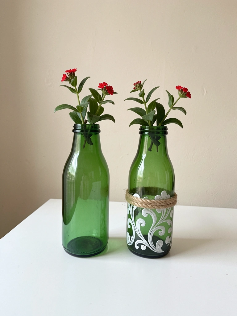 Dois vasos feitos com garrafas de suco cortadas, um liso e outro envolto em corda de sisal, com plantas.