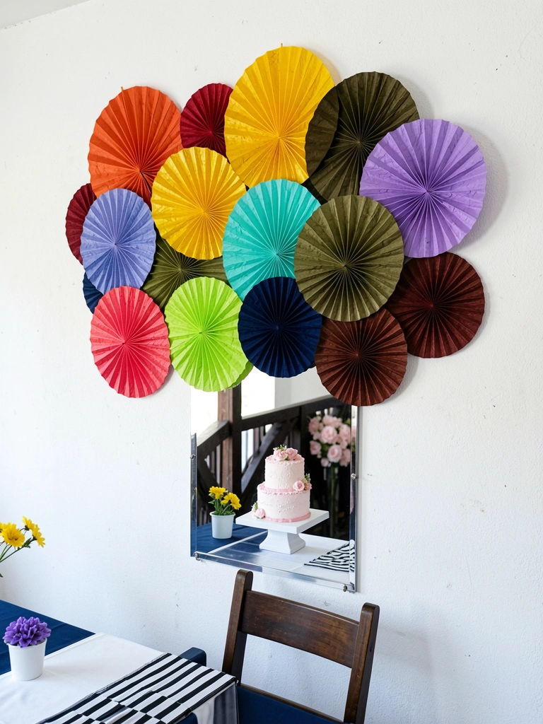 Leque de papel aberto sobre mesa de madeira ao lado de vaso com flores secas.