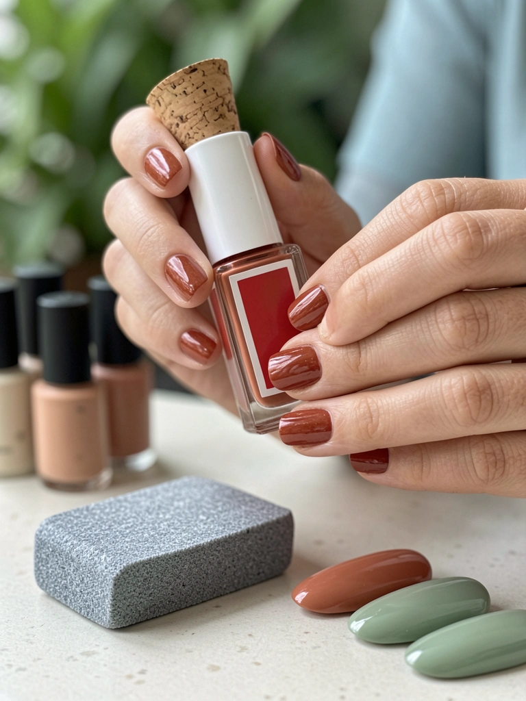 Cartela de cores com tons nude, terracota e verde-sálvia dispostos sobre bancada clara.