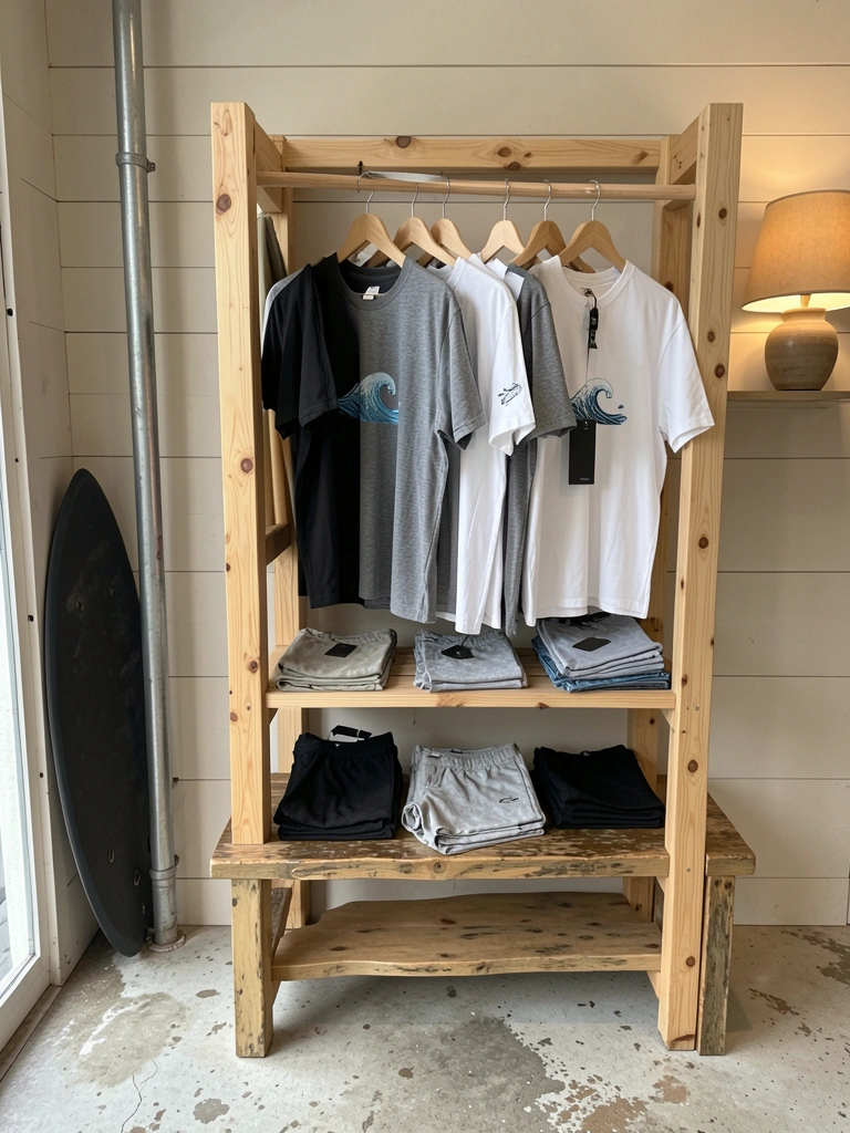 Interior de loja de surf com prateleiras de madeira, pranchas coloridas expostas na parede e iluminação pendente.