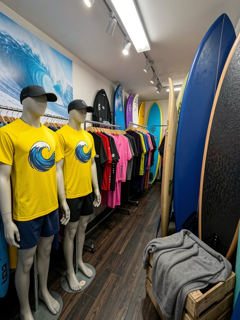 Interior de loja com prateleiras de madeira, pranchas de surf encostadas na parede e iluminação pendente.