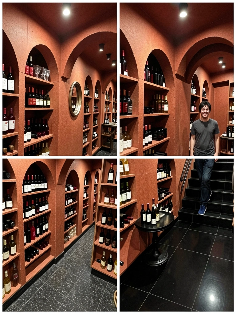 Colagem com quatro ambientes de loja de vinhos, mostrando prateleiras de madeira, paredes de tijolo e balcões de atendimento