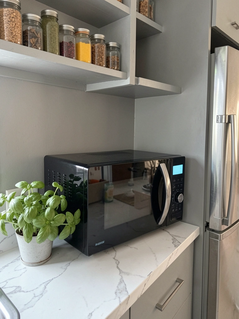 Cozinha compacta com micro-ondas sobre bancada de pedra clara e armários brancos
