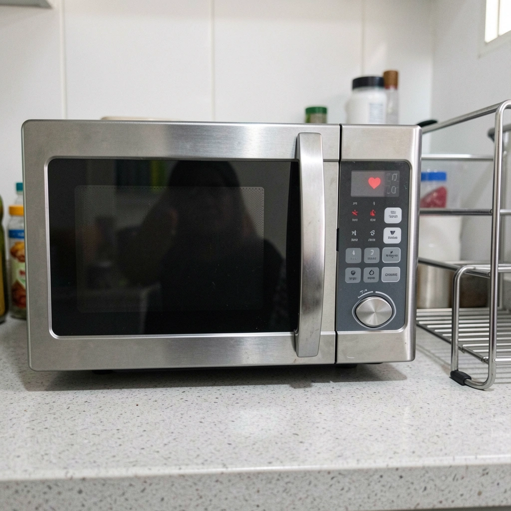 Bancada compacta de cozinha com micro-ondas branco apoiado sobre superfície clara, ao lado de armários