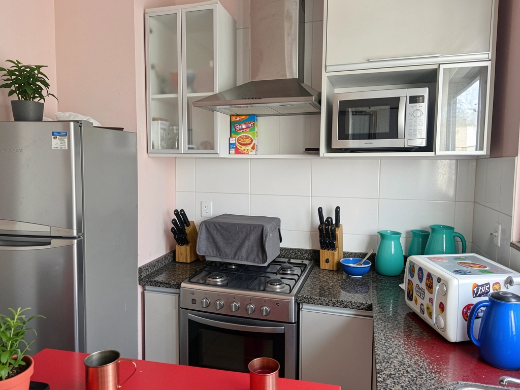 Três micro-ondas em sequência: um embutido em armário, um coberto com tecido e outro com adesivos decorativos