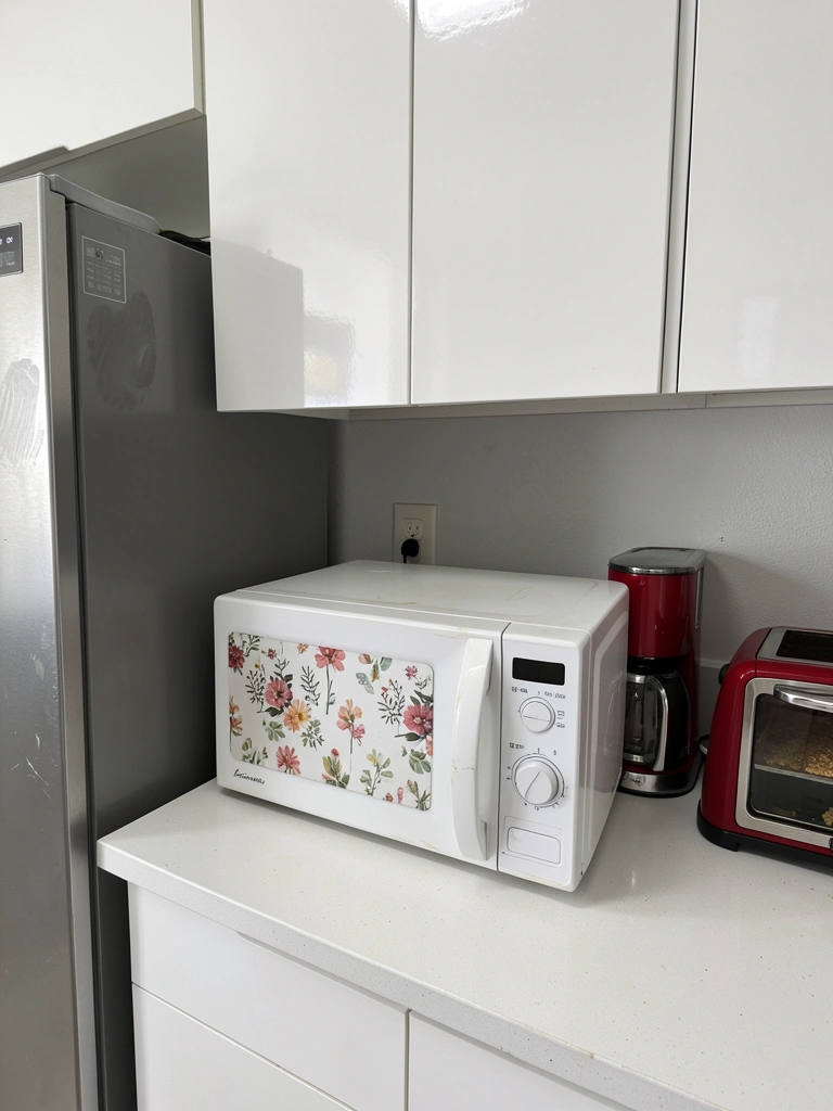 Micro-ondas branco com adesivo vinílico floral aplicado na porta, sobre bancada de cozinha branca.