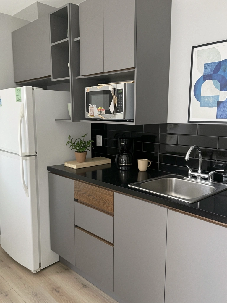 Micro-ondas branco com adesivo descascando nas bordas da porta