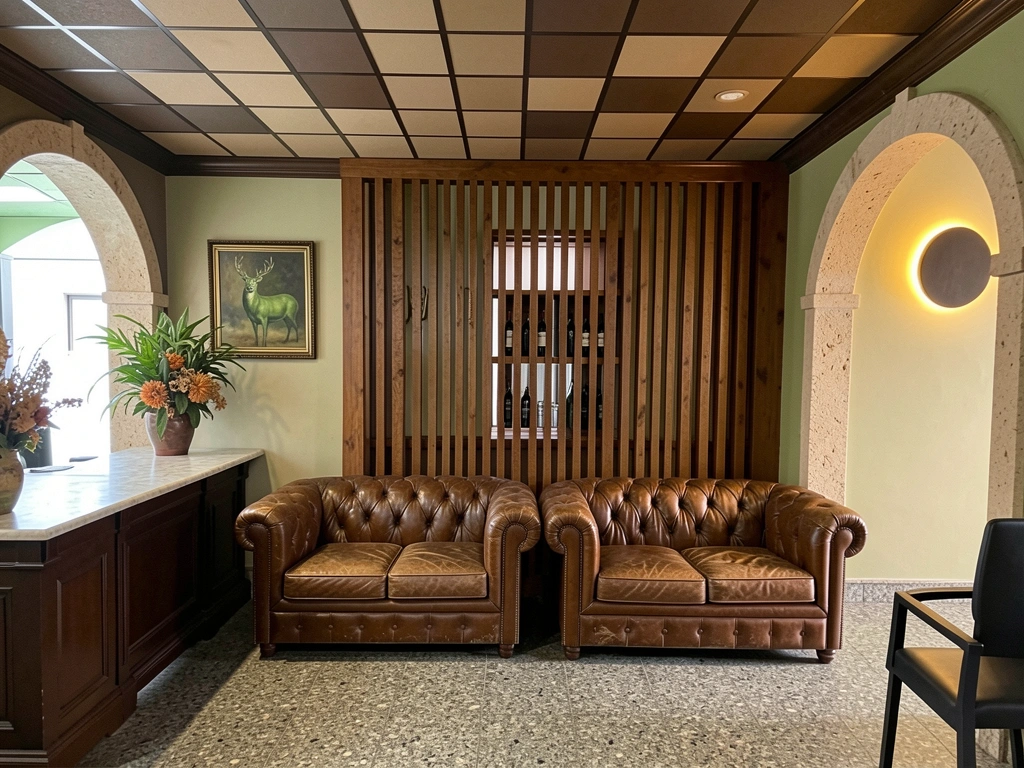 Ambiente interno de wine bar com balcão de madeira, banquetas altas, prateleiras com garrafas e iluminação pendente âmbar.