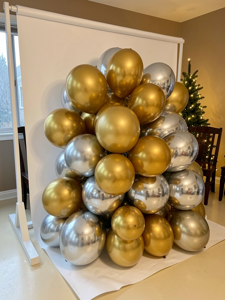 Sala de estar clara com sofá, árvore de Natal pequena e pisca-pisca aceso ao anoitecer.