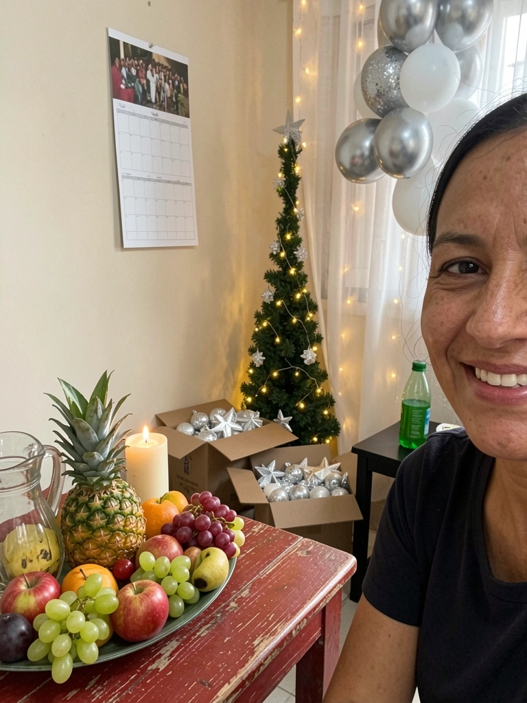 Calendário de parede aberto sobre mesa, com árvore de Natal desfocada ao fundo e caixas de enfeites no chão