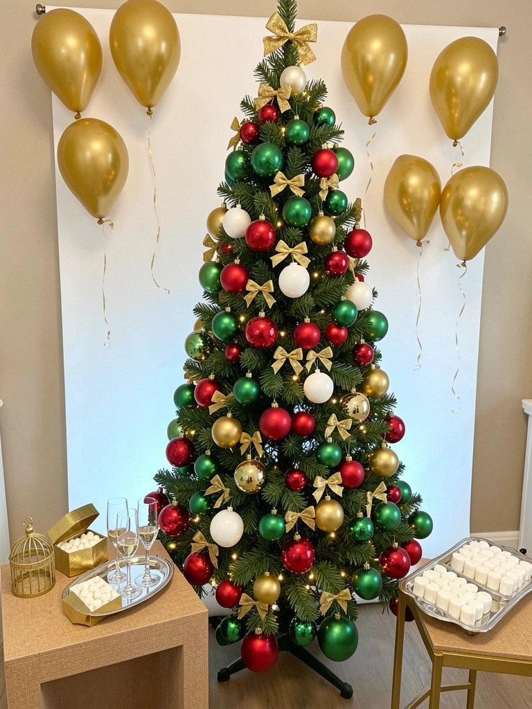 Árvore de Natal com galhos verdes, bolas vermelhas e verdes e laços dourados