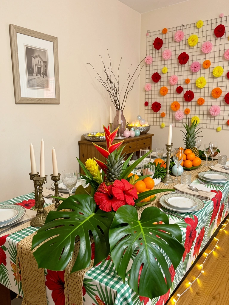 Prateleira com velas brancas, galhos secos e pequenos enfeites em tons pastel e prateados.