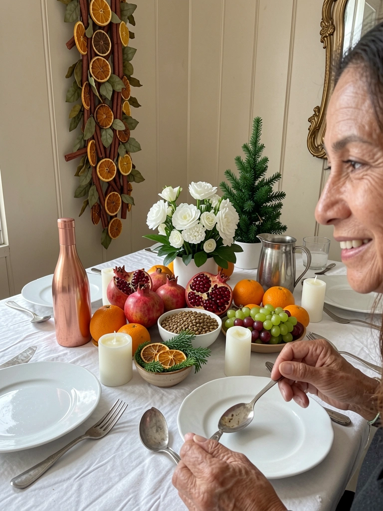 Mesa posta com romãs, lentilha em tigela, uvas e arranjo de flores brancas sobre toalha clara
