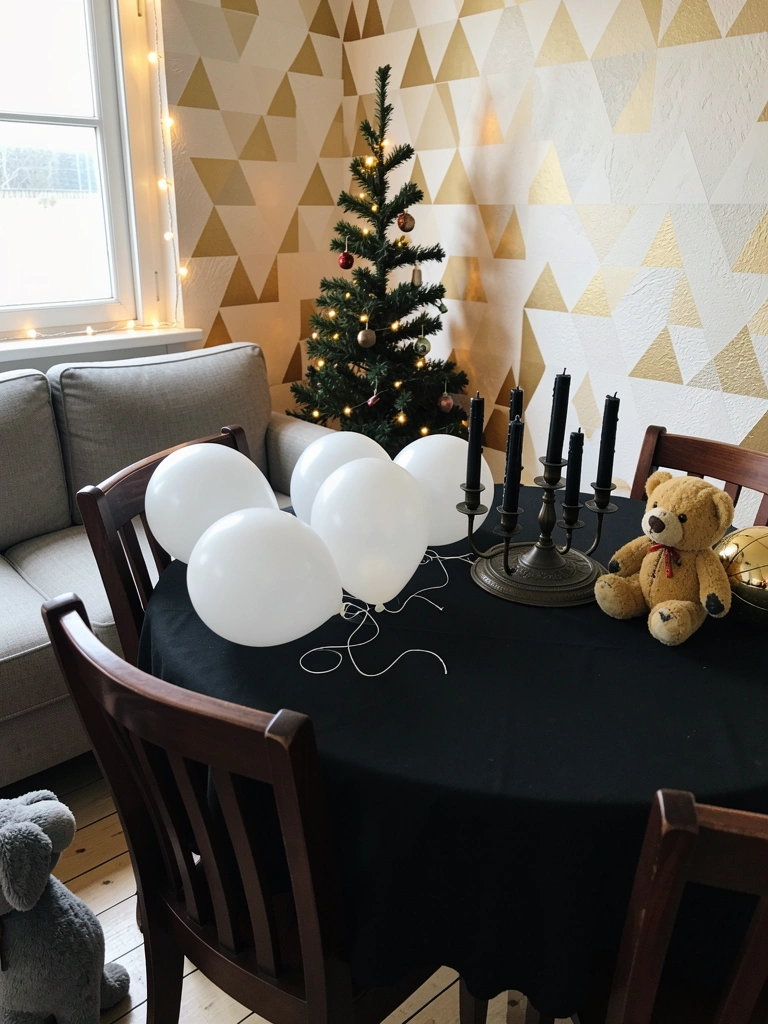 Sala pequena com sofá, árvore de Natal compacta ao lado e luzes penduradas na janela