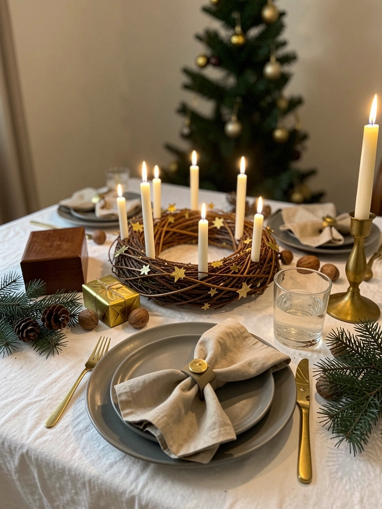 Planta baixa com sofá, mesa de centro e uma árvore de Natal no canto da sala