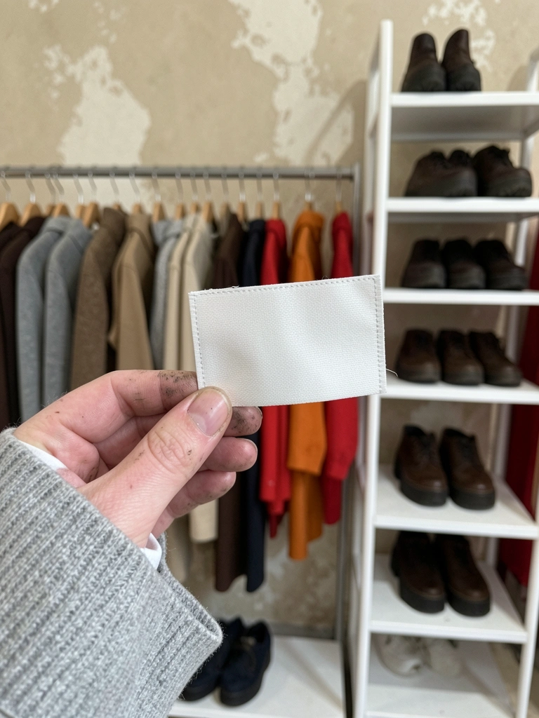 Etiqueta de composição têxtil costurada na parte interna de uma blusa de frio, com informações de materiais e instruções de lavagem.