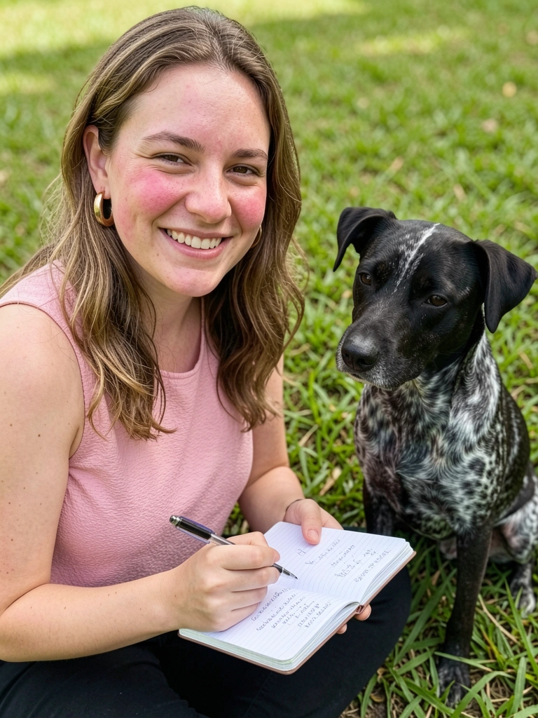 Pessoa anota gastos em caderno enquanto cachorro observa ao lado