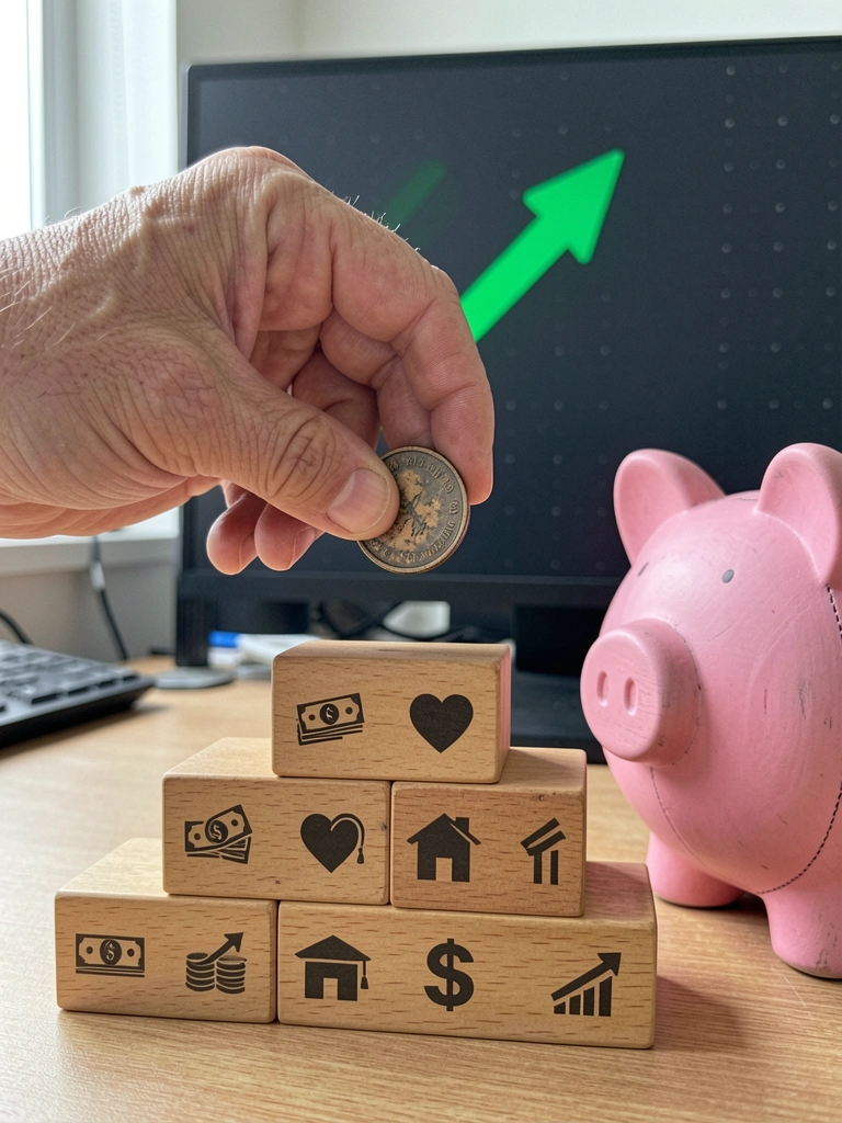 Caderno aberto com anotações à mão, calculadora e moedas espalhadas sobre mesa de madeira.
