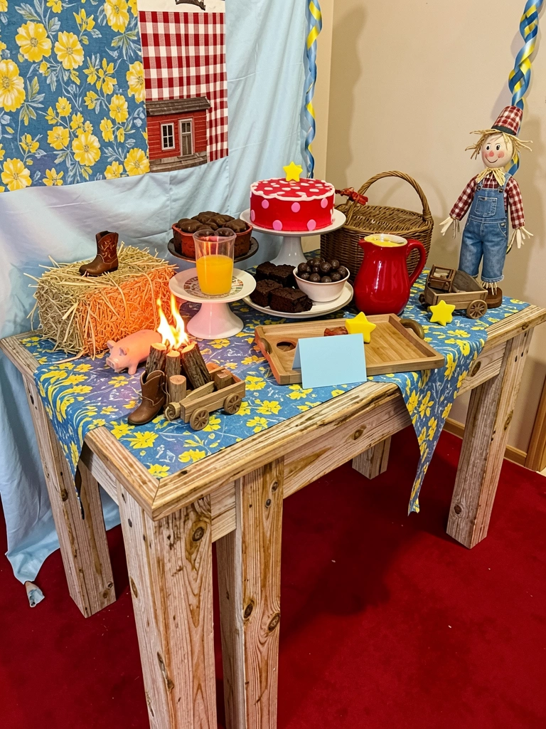 Bandeirinhas de papel colorido penduradas em varal de luz, com mesa de madeira e doces típicos ao fundo.