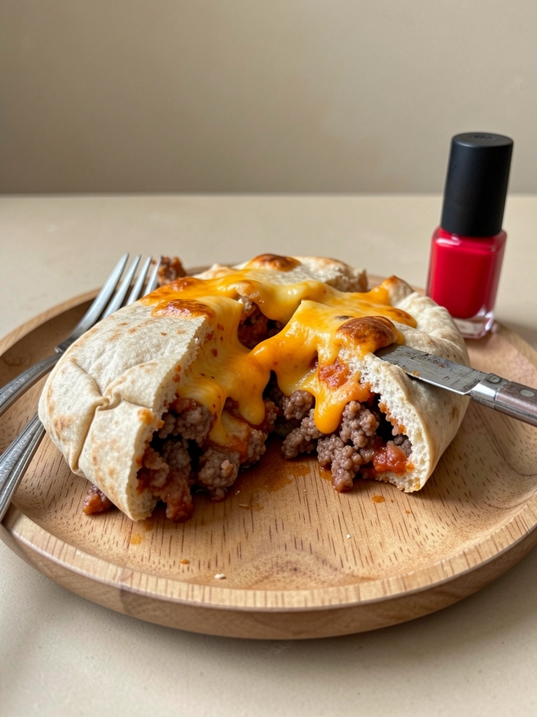 Prato de francesinha com molho quente ao lado de um vidro de esmalte de unha vermelho sobre mesa