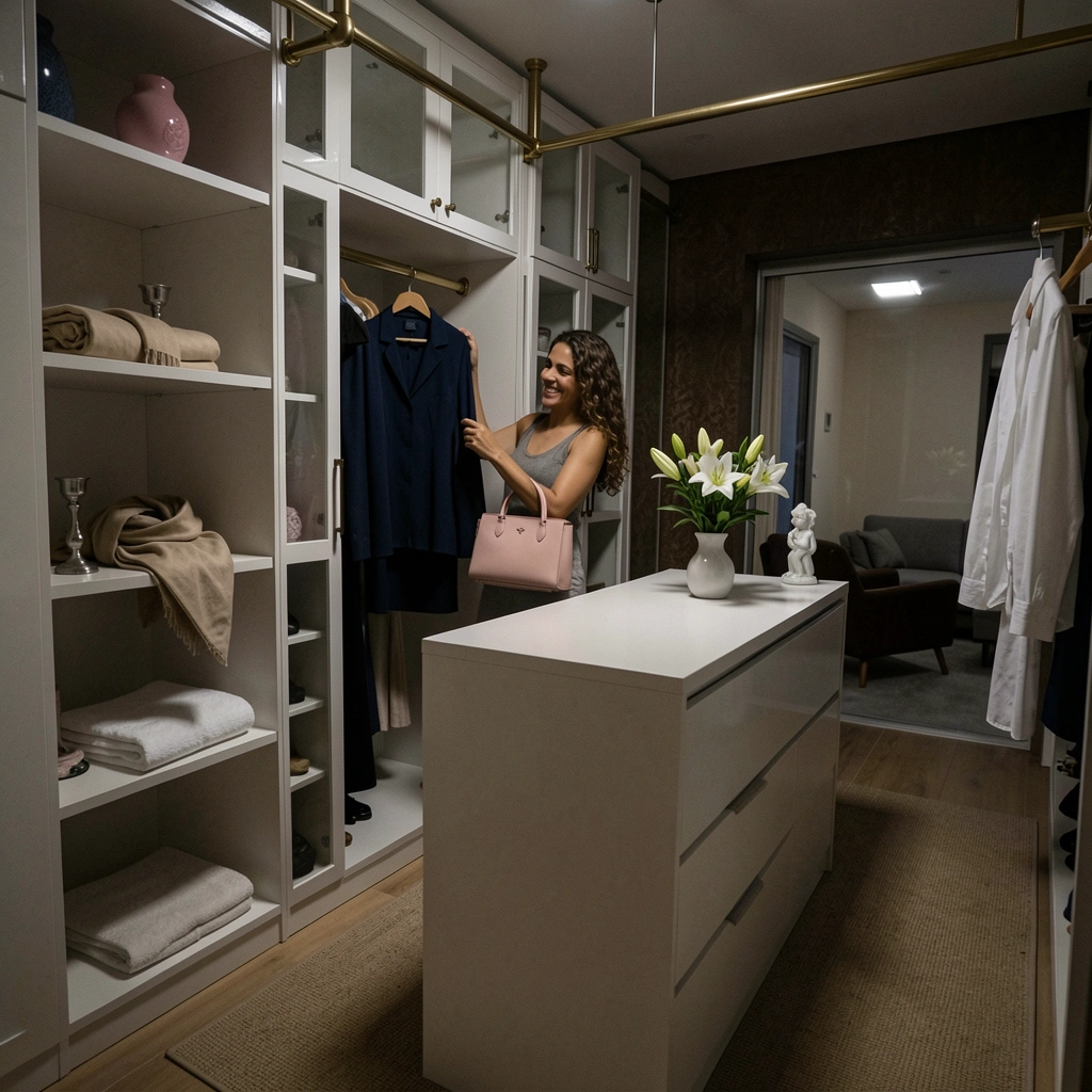 Pessoa de frente para arara de roupas em closet com pouca luz e sombras fortes nas paredes