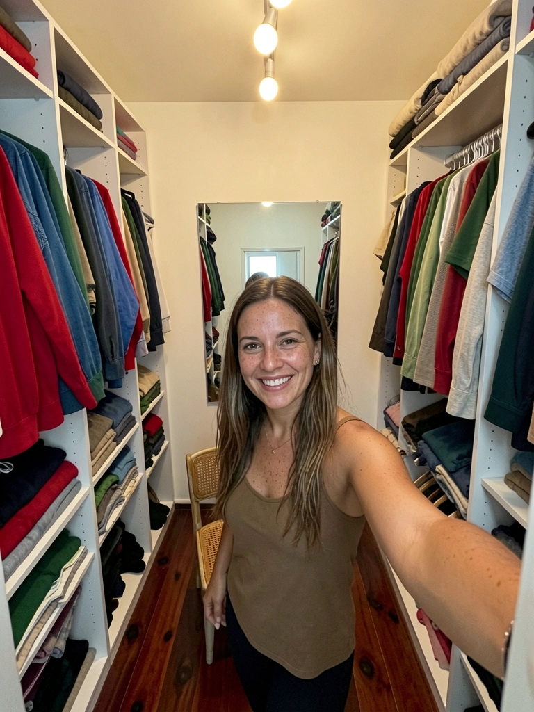 Pessoa de pé em closet com prateleiras escuras, corpo bloqueando a luz do teto