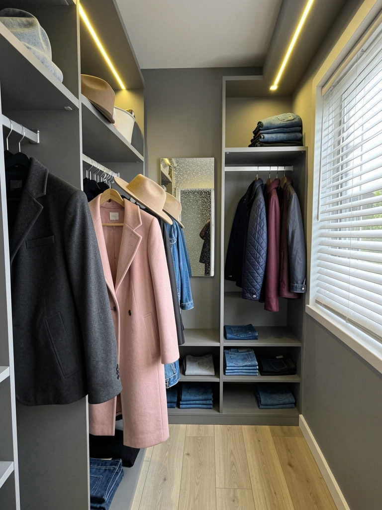 Closet com prateleiras de madeira iluminadas por fitas de LED e spots embutidos no teto