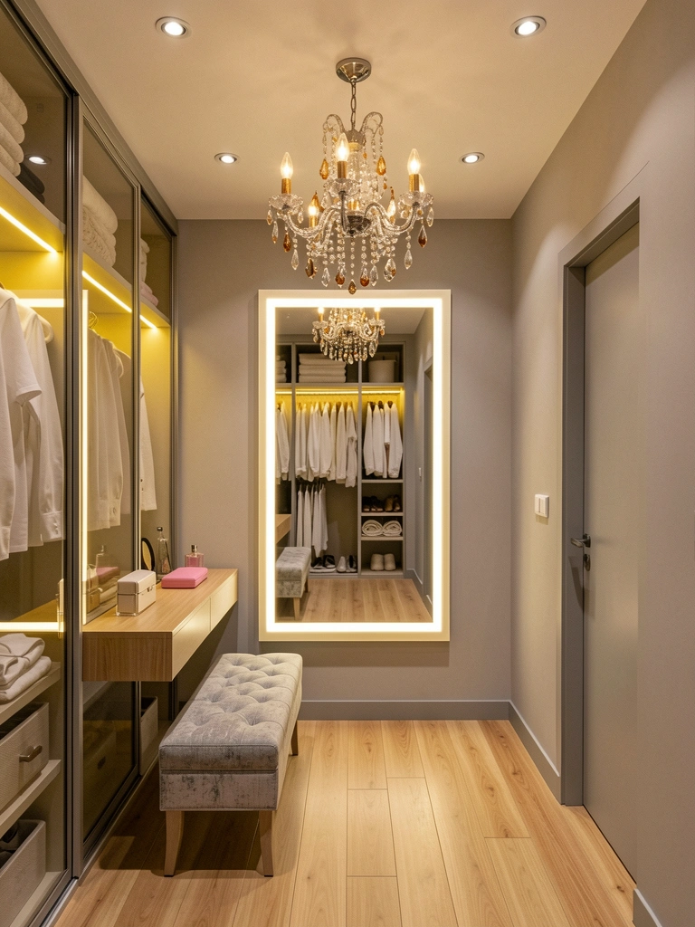 Spot de teto embutido iluminando corredor estreito de closet com prateleiras e cabides laterais