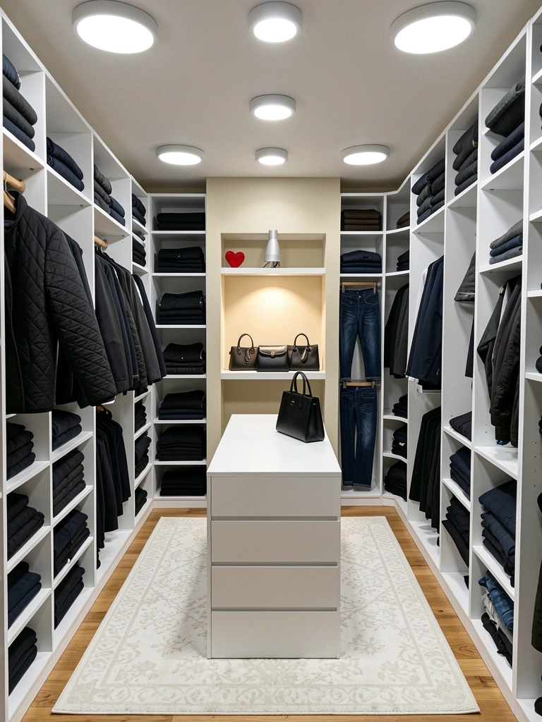 Nicho de closet com prateleiras de madeira e bolsas iluminadas por spot direcionável no teto.
